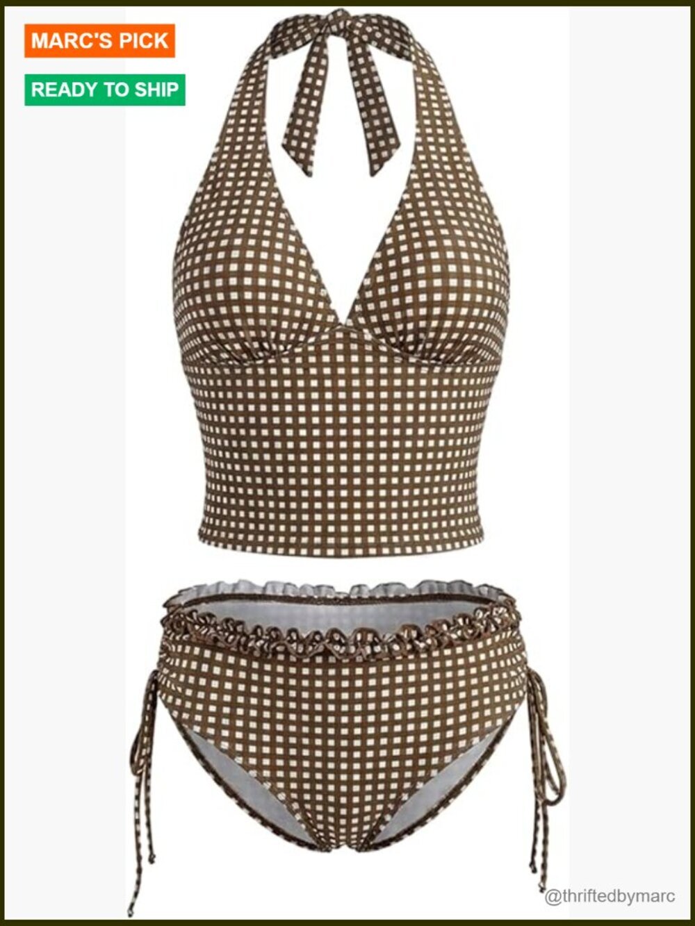 Women's 2 Piece Gingham Halter Tankini Set with Ruffle Panty